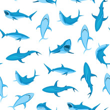 Cartoon Blue Characters Shark Seamless Pattern Background. Vector