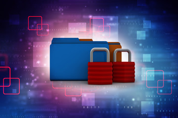 Poster - Yellow folder and lock. Data security concept. 3D rendering