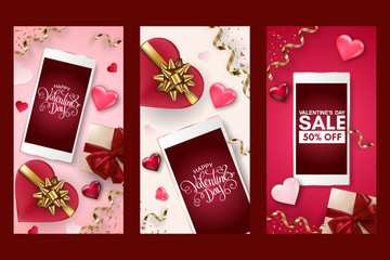 Wall Mural - Happy Valentine's Day poster set with smartphone, gift box, hearts and bows. Handwritten letteting, festive banner collection, vector.