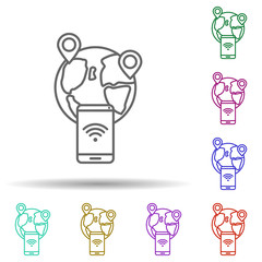 Poster - Location, smartphone, earth in multi color style icon. Simple thin line, outline vector of social addict icons for ui and ux, website or mobile application