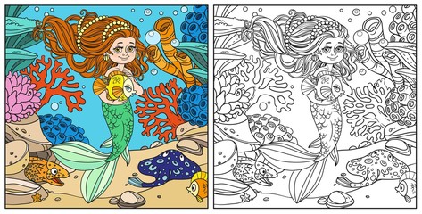 Cute little mermaid girl holds a pet fish on underwater world with corals, anemones, moray eels and ramp background color and outlined