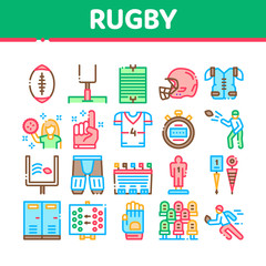 Wall Mural - Rugby Sport Game Tool Collection Icons Set Vector Thin Line. Rugby Ball And Gates, Athlete Protection Equipment And Glove, Helmet And Stopwatch Concept Linear Pictograms. Color Contour Illustrations