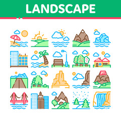 Aufkleber - Landscape Travel Place Collection Icons Set Vector Thin Line. City And Seaside, Island And Mountain, Bridge And Park Landscape Concept Linear Pictograms. Color Contour Illustrations