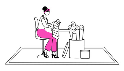Poster - Fashion designer atelier flat contour vector illustration. Choosing right color and textile at workshop. Designing clothes isolated cartoon outline character on white background. Simple drawing