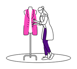 Poster - Fashion designer in atelier flat contour vector illustration. Sewing and reparing vest in studio isolated cartoon outline character on white background. Creating clothes at workshop simple drawing