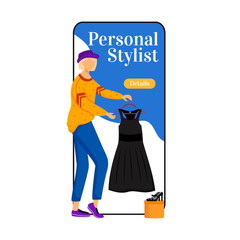 Poster - Personal stylist cartoon smartphone vector app screen. Picking right clothes. Choose new outfits. Mobile phone display with flat character design mockup. Fashion trends application telephone interface