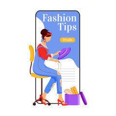 Poster - Fashion tips cartoon smartphone vector app screen. Creating, sewing clothes. Designing diy outfits. Mobile phone display with flat character design mockup. Designer application telephone interface