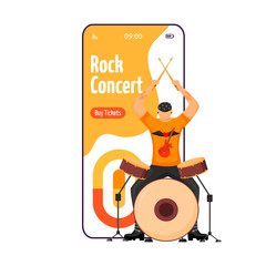 Poster - Rock concert cartoon smartphone vector app screen. Drummer. Musician. Gig. Festival, event. Mobile phone display with flat character design mockup. Application telephone cute interface