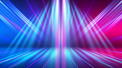 Poster - Abstract dark background with blue and pink neon glow. Neon luminous figure in the center of the stage.