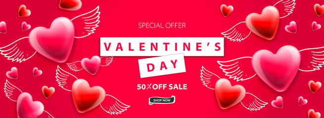 Wall Mural - Valentines Day sale background. Romantic composition with winged hearts. Vector illustration for website , posters, ads, coupons, promotional material