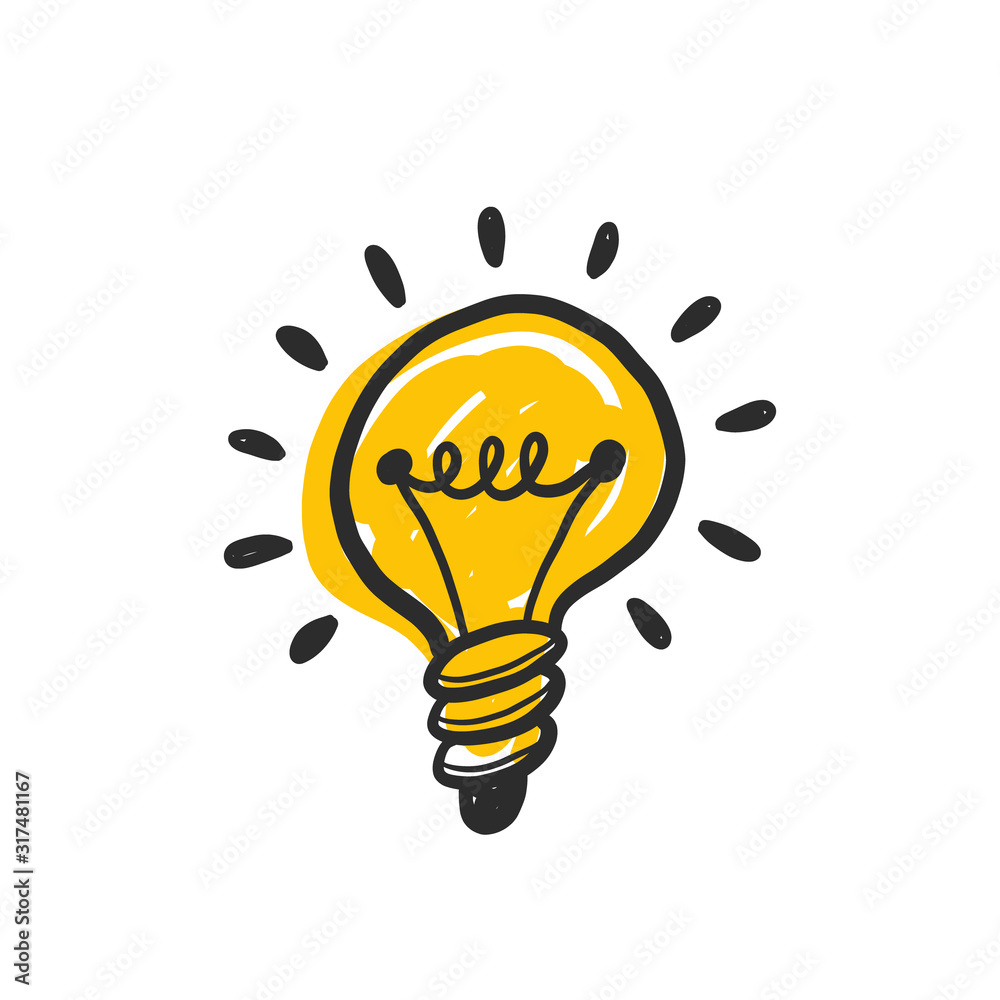 Hand drawn vector light bulb with rays glowing. Grunge stylized ideas ...