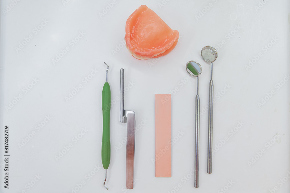 Set of dentures and dental tools. Close up Teeth and dental mirror ...