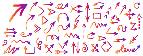 Arrow doodle vector set. Arrow sketch vector set. Arrow hand drawn gradient