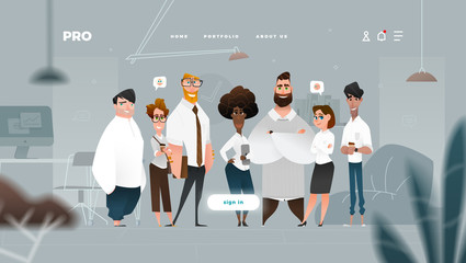 Main Page Web Design with Business Cartoon Characters in Flat Style for Your Projects. 
