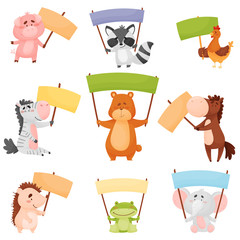 Wall Mural - Cute Cartoon Animals Holding Colorful Blank Banners Vector Illustrations Set