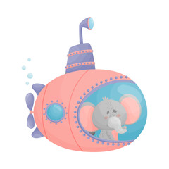 Wall Mural - Cute Elephant Looking Out of Submarine Window Vector Illustration