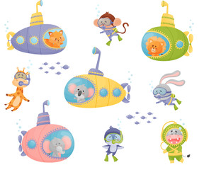 Wall Mural - Cartoon Animals Swimming Under Water on Submarine and Wearing Diving Suit Vector Illustrations Set