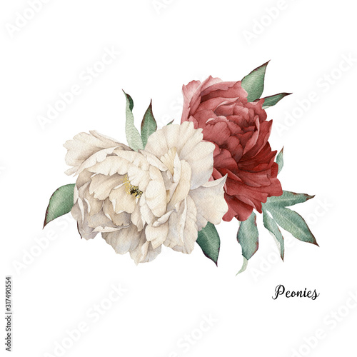 Bouquet of peonies, watercolor, can be used as greeting card, invitation card...