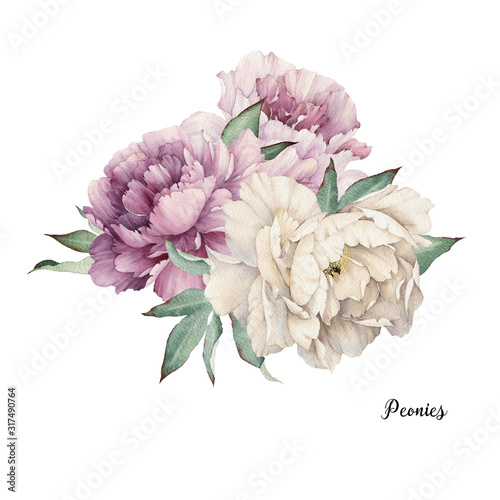Bouquet of peonies, watercolor, can be used as greeting card, invitation card...