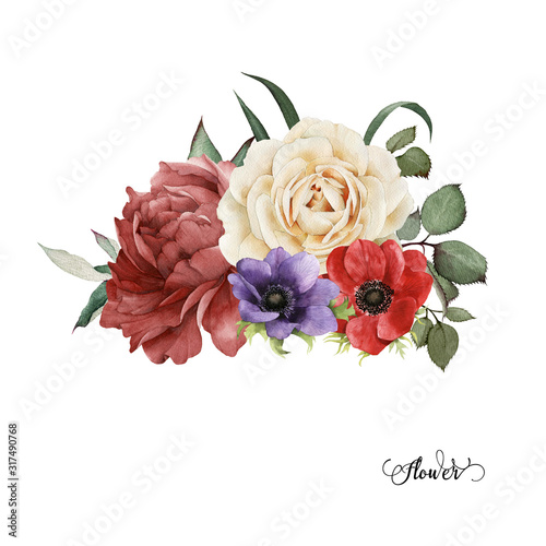 Bouquet of peonies, watercolor, can be used as greeting card, invitation card...