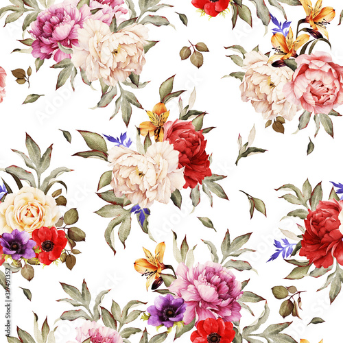 Seamless floral pattern with peonies, watercolor.