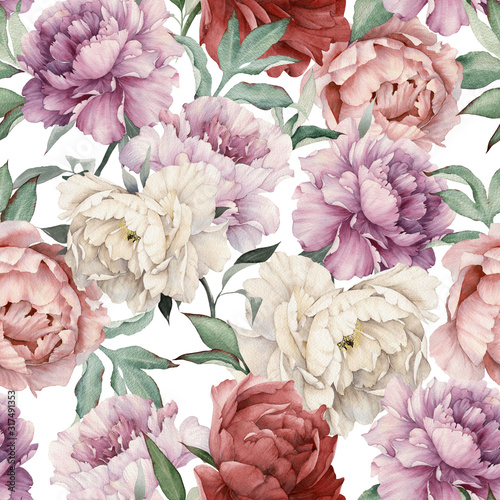 Naklejka dekoracyjna Seamless floral pattern with peonies, watercolor.