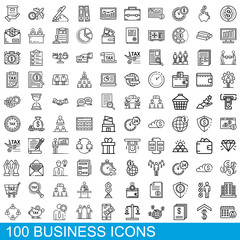 Poster - 100 business icons set. Outline illustration of 100 business icons vector set isolated on white background