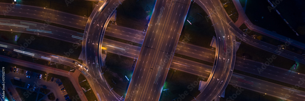 Night city bsckroun scene top view. Road junction concept - obrazy, fototapety, plakaty 