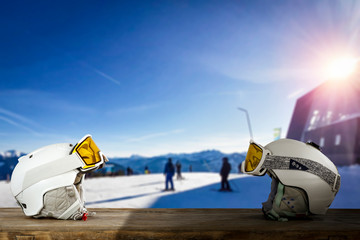 Poster - Desk of free space and winter ski equipment.Blue sky and sunny day. 