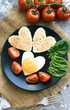 Romantick valentines breakfast. Heart shaped bread and eggs.