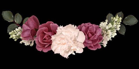 Wall Mural - Dark red roses, white peony, lilac isolated on black background. Vintage line floral arrangement, bouquet of garden flowers. Can be used for invitations, greeting, wedding card.