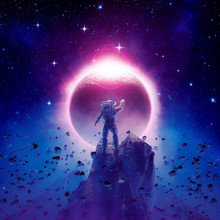 The Final Eclipse / 3D Illustration Of Science Fiction Scene Showing Astronaut Viewing Solar Eclipse From Mountain Surrounded By Asteroids In Space