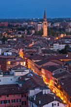 Pordenone, Corso Vittorio Emanuele II Street Illuminated By The Lights Of Evening, In The Background The Bell Tower Of San Marco, Friuli Venezia Giulia, Italy, Europe