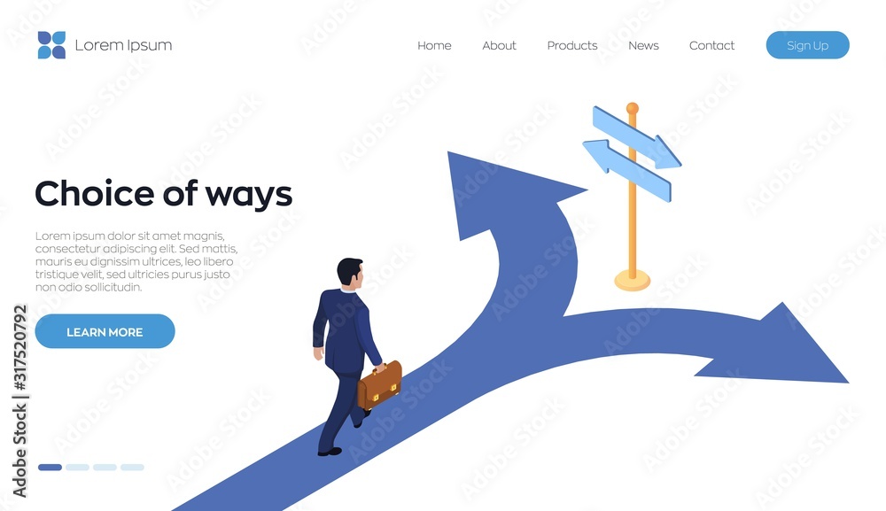 Choice process. Direction choose options, solution, decision. A businessman with a briefcase in hand is walking along the road to a crossroads. Business decision concept. Isometric vector illustration - obrazy, fototapety, plakaty 