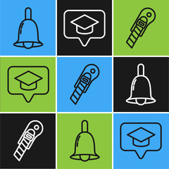 Sticker - Set line Ringing bell, Stationery knife and Graduation cap in speech bubble icon. Vector