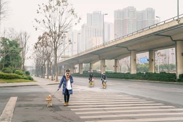 Boy wearing prevention mask and highway on a background.