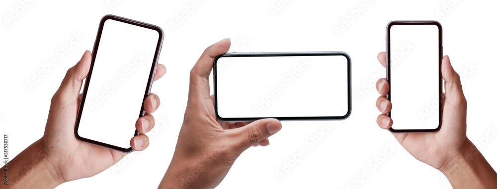 Hand holding the black smartphone iphone with blank screen and modern frameless design in two rotated perspective positions - isolated on white background  - Clipping Path  - obrazy, fototapety, plakaty 