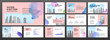 Modern powerpoint presentation templates set for business with colourful watercolour blots and cityscape illustration on background. Artistic keynote template, landing page, horizontal brochure cover