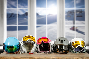 Wall Mural - Desk of free space and winter skiing helmet. White window sill and free space for your decoration. 