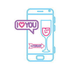 Wall Mural - smartphone with speech bubble in neon light, valentines day