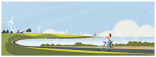 Vector Illustration Of Spring Or Summer Beach Background. Banner Image Of Rural Europe Farm Seascape. Lighthouse,seagull,sheep And Wind Turbine.Woman Riding Bicycle With Internet Devices.Long Beach. 