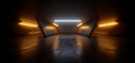 Sci Fi Futuristic Orange White Blue Glowing Neon Led Laser Lights Dark Night Empty Parking Underground Space Showcase Car Garage Concrete 3D Rendering