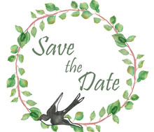 Watercolor Hand Painted Nature Circle Frame With Green Leaves On Branches And Black And White Swallow Bird On The White Background With Save The Date Text For Wedding Celebration Invitations