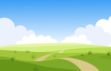 Beautiful Summer Grassy Meadow Landscape. Spring Nature Sunny Day. Bright Background With Cloudy Sky In The Park, Place For Text. Cartoon Vector Illustration.