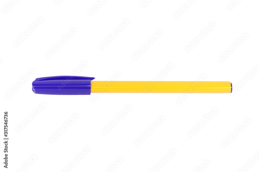 Photo Stock Yellow plastic disposable ballpoint pen with blue cap isolated on white background Adobe Stock