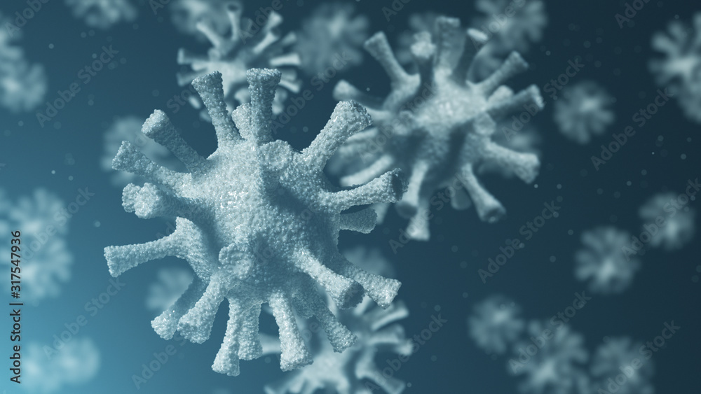 Group of virus cells. 3D illustration of Coronavirus cells - obrazy, fototapety, plakaty 
