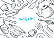 Cooking time illustration. Kitchen utensils hand drawn vector illustration. Cooking time sketch collection. Different kitchen utensils set.