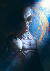 Wall Mural - alien grey holding the moon in front a blue abstract background - 3d rendering