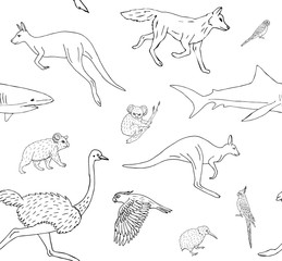 Canvas Print - Vector seamless pattern of hand drawn doodle sketch Australian wild animals isolated on white background