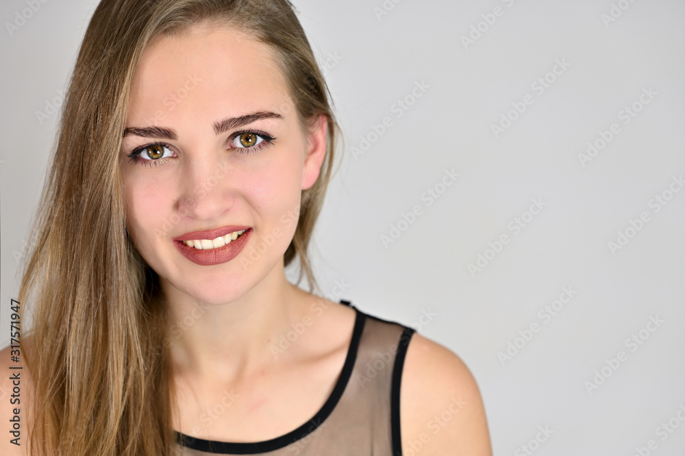 Generic female portrait concept for cosmetics advertising on a white ...